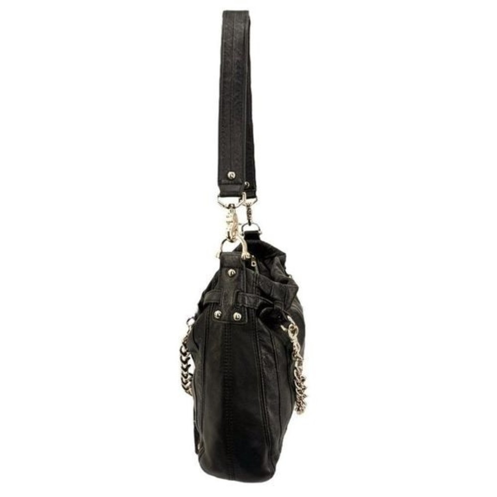 Junior Drake Black Italian Leather Gold Link Chain Slouchy Hobo Shoulder Bag - Picture 4 of 10